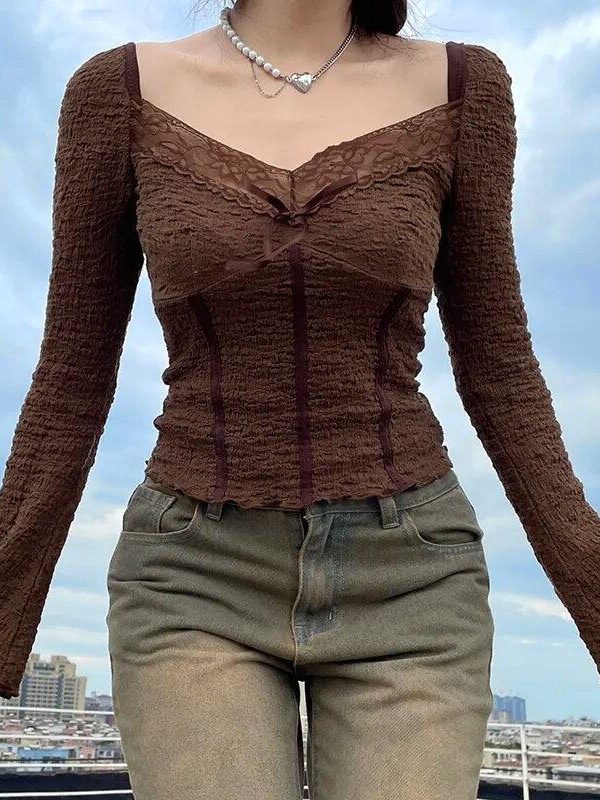 Fairycore Lace Detailed Shirred Top