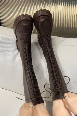 Faux Leather Knee High Lace Up Boots