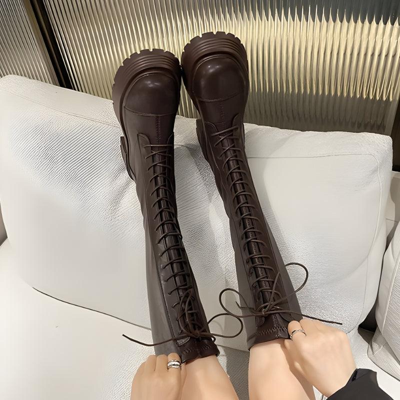 Faux Leather Knee High Lace Up Boots Faux Leather Knee High Lace Up Boots