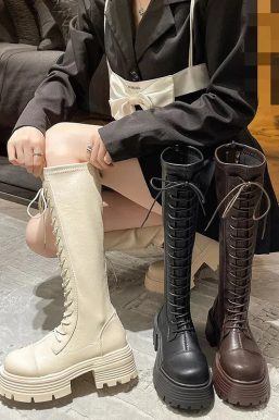 Faux Leather Knee High Lace Up Boots