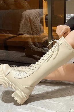 Faux Leather Knee High Lace Up Boots