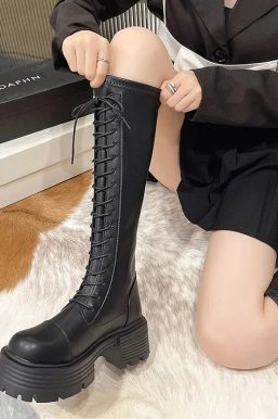Faux Leather Knee High Lace Up Boots