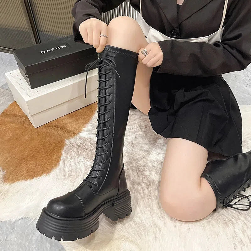 Faux Leather Knee High Lace Up Boots Faux Leather Knee High Lace Up Boots