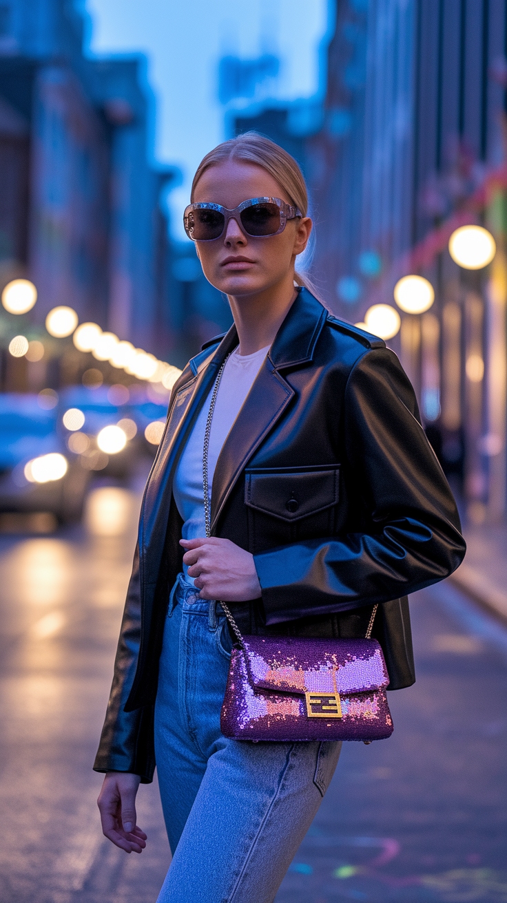 Fendi Purple Sequin Baguette: Elevate Your Style outfit idea