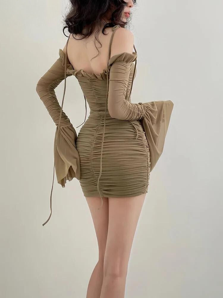 Flare Cuffs Off Shoulder Mesh Mini Dress Flare Cuffs Off Shoulder Mesh Mini Dress