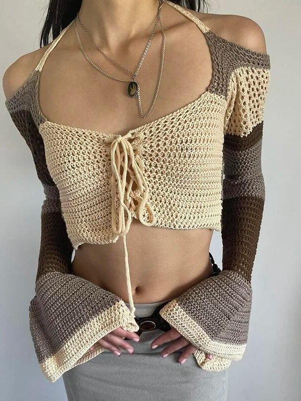 Flared Sleeve Crop Crochet Sweater