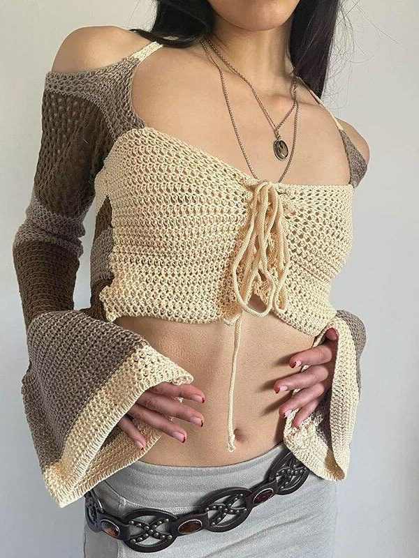 Flared Sleeve Crop Crochet Sweater