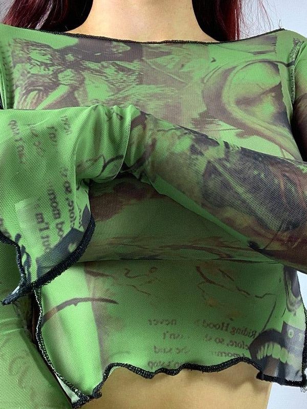 Flared Sleeve Mesh Crop Top