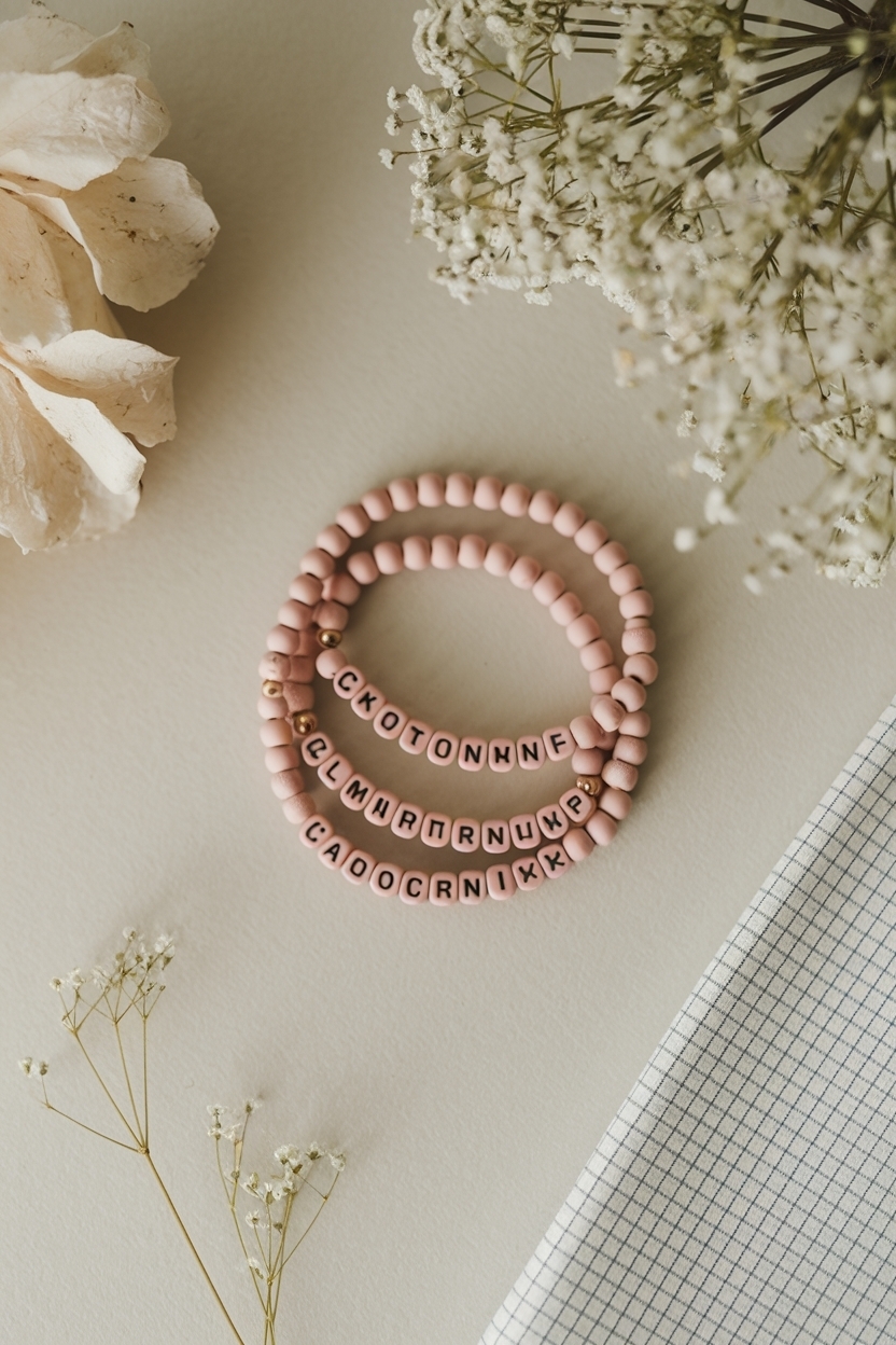 Flat Lay of Beaded Bracelets Engraved with Love outfit idea