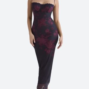 Floral Bodycon Lace Up Mesh Maxi Dress