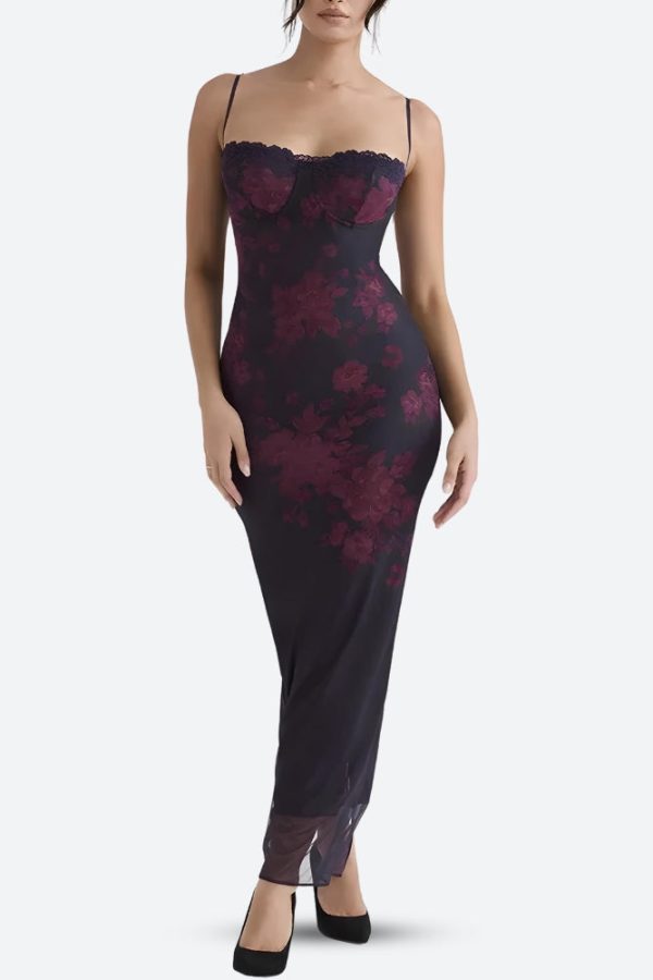 Floral Bodycon Lace Up Mesh Maxi Dress