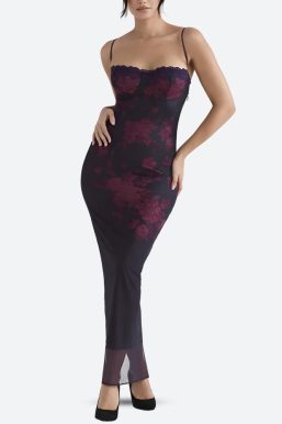 Floral Bodycon Lace Up Mesh Maxi Dress