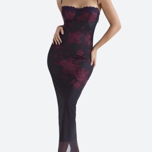 Floral Bodycon Lace Up Mesh Maxi Dress