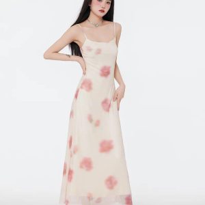 Floral Mesh Spaghetti Strap Maxi Dress