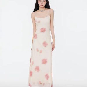 Floral Mesh Spaghetti Strap Maxi Dress