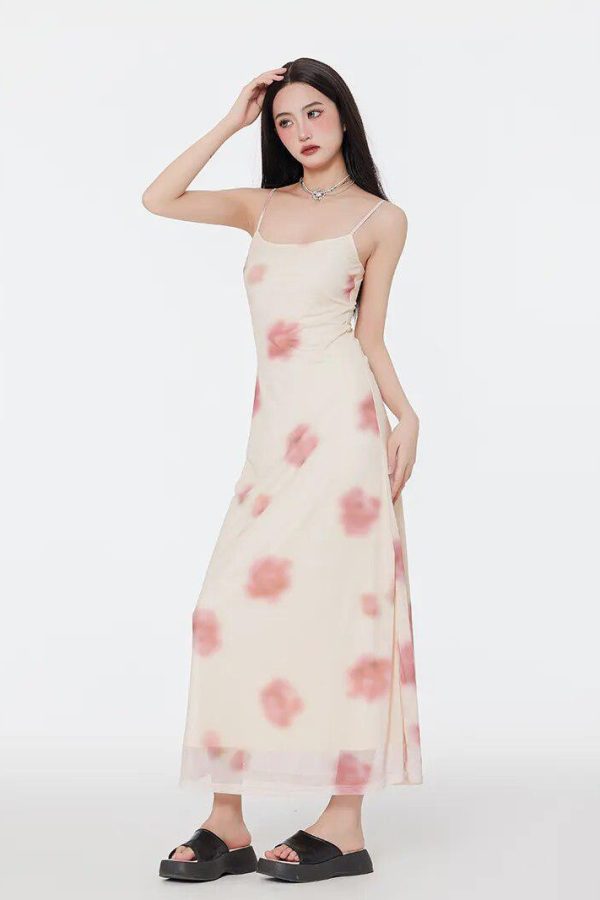 Floral Mesh Spaghetti Strap Maxi Dress