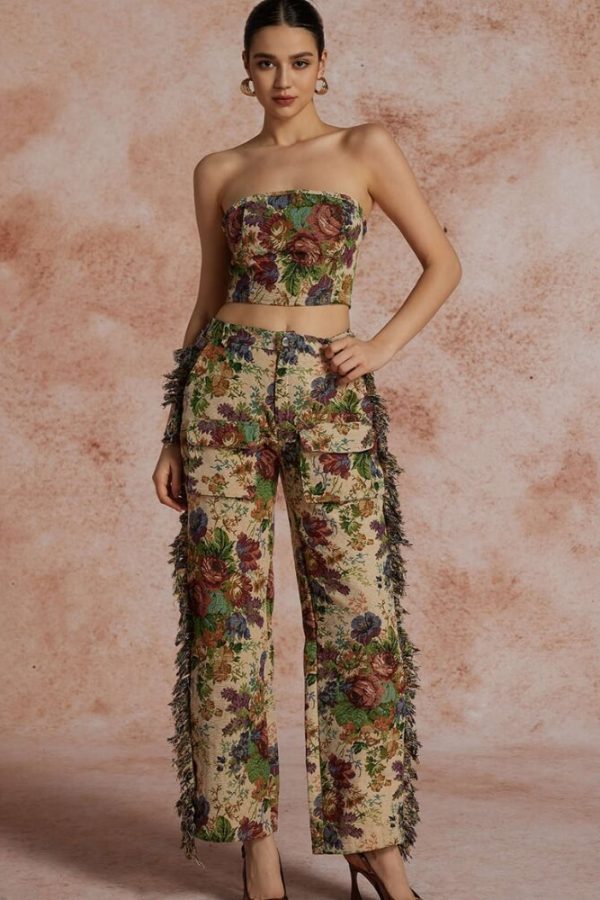 Floral Tapestry Bustier & Pants Two Piece Set