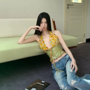 Floral Tie Front Halter Crop Top