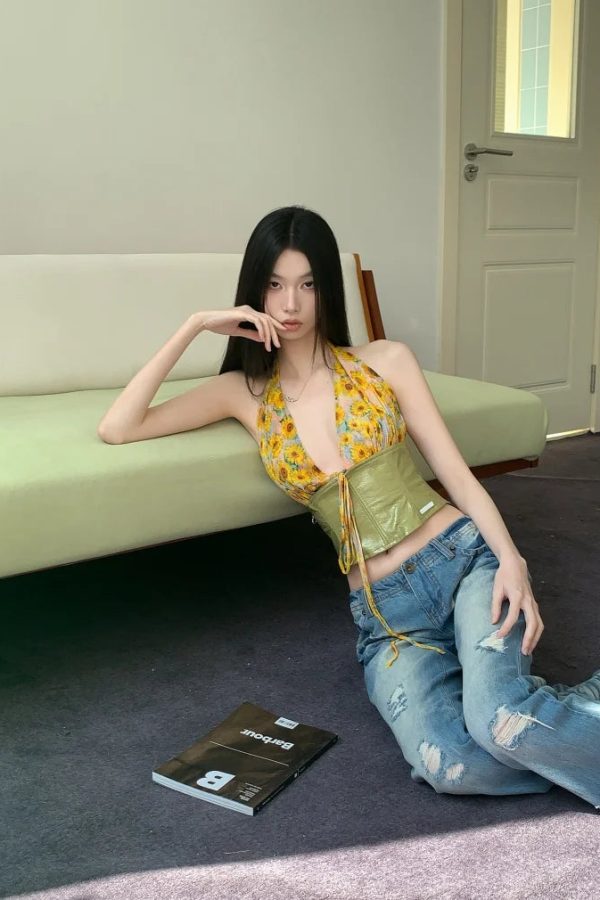 Floral Tie Front Halter Crop Top