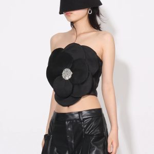Flower Rhinestone Zip-Up Strapless Top
