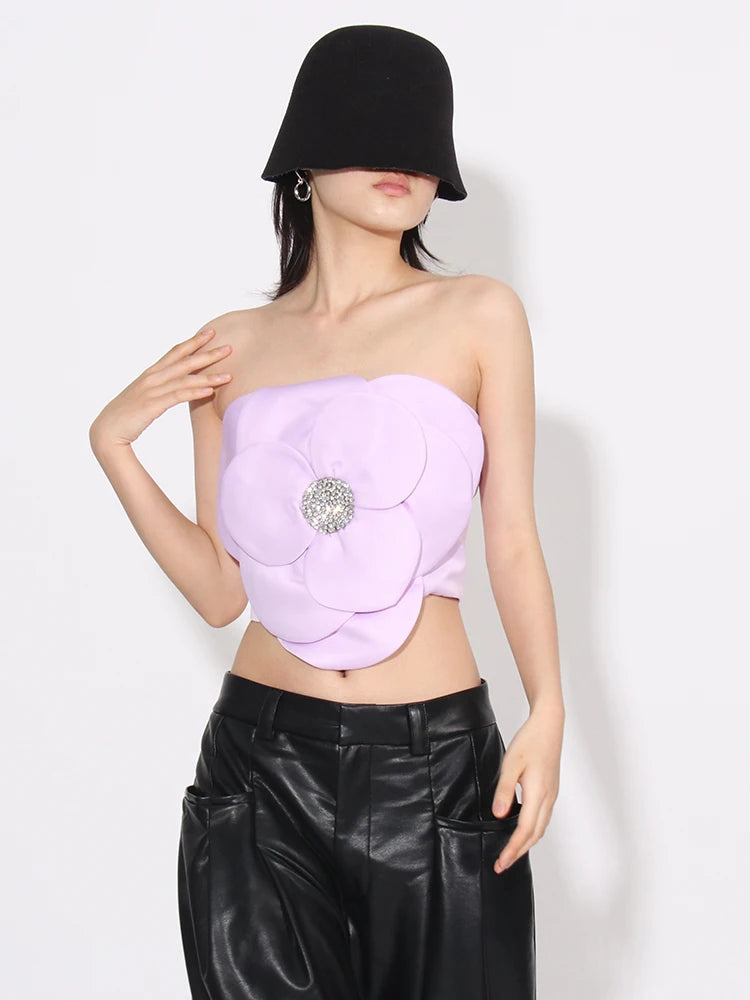 Flower Rhinestone Zip-Up Strapless Top Flower Rhinestone Zip-Up Strapless Top