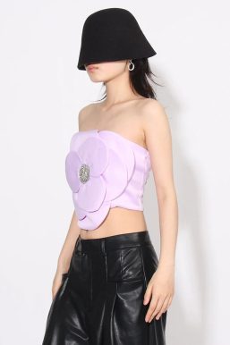 Flower Rhinestone Zip-Up Strapless Top