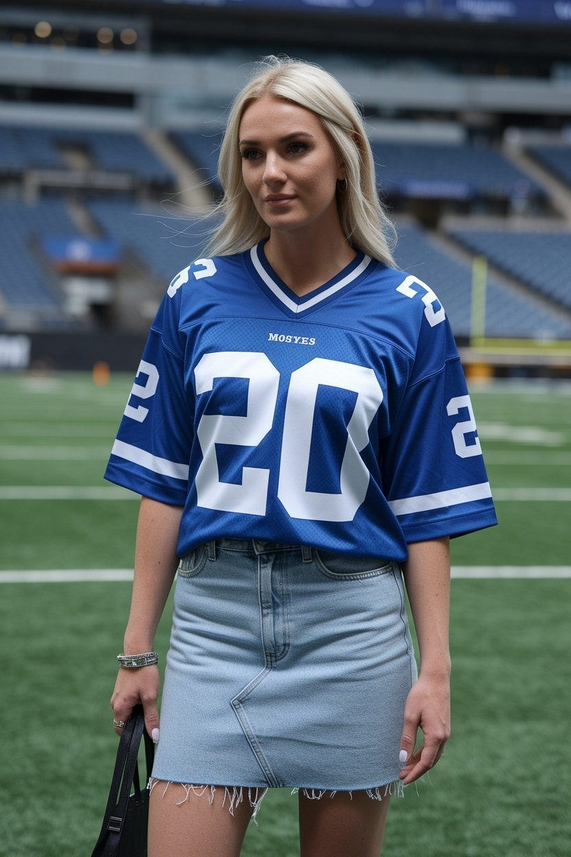 football jersey outfit women denim skirt for game day outfit idea