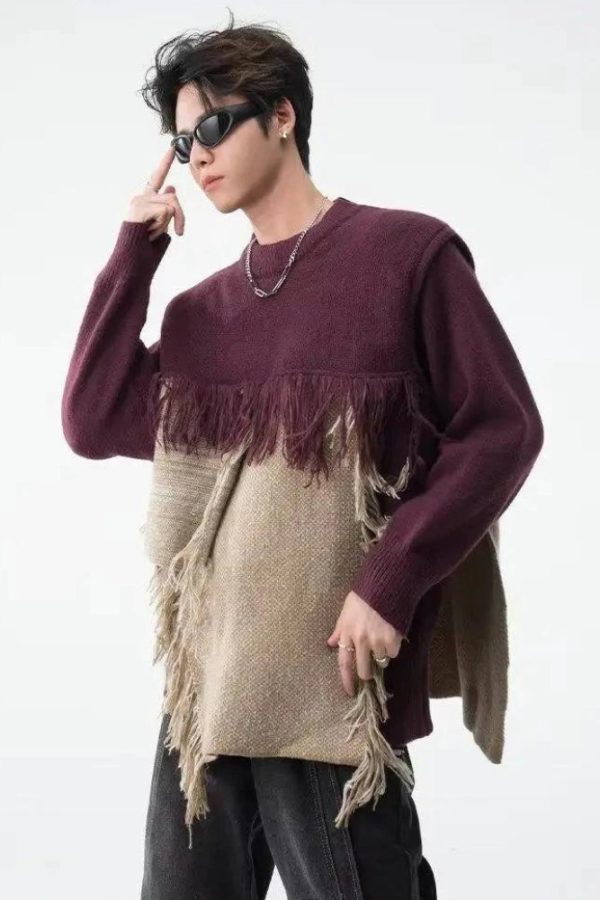 Fringe Patchwork Knitted Sweater