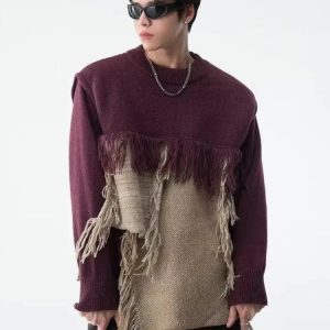 Fringe Patchwork Knitted Sweater