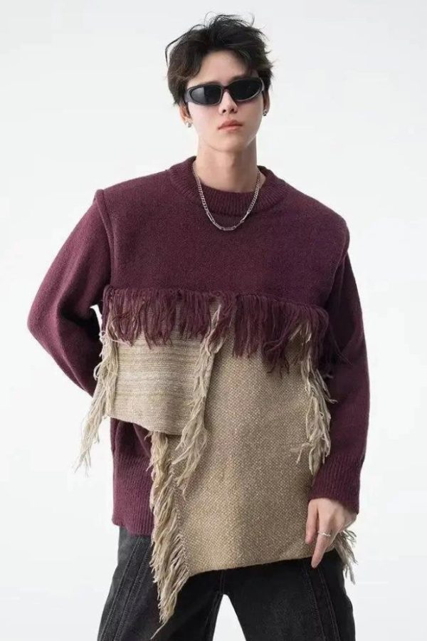 Fringe Patchwork Knitted Sweater