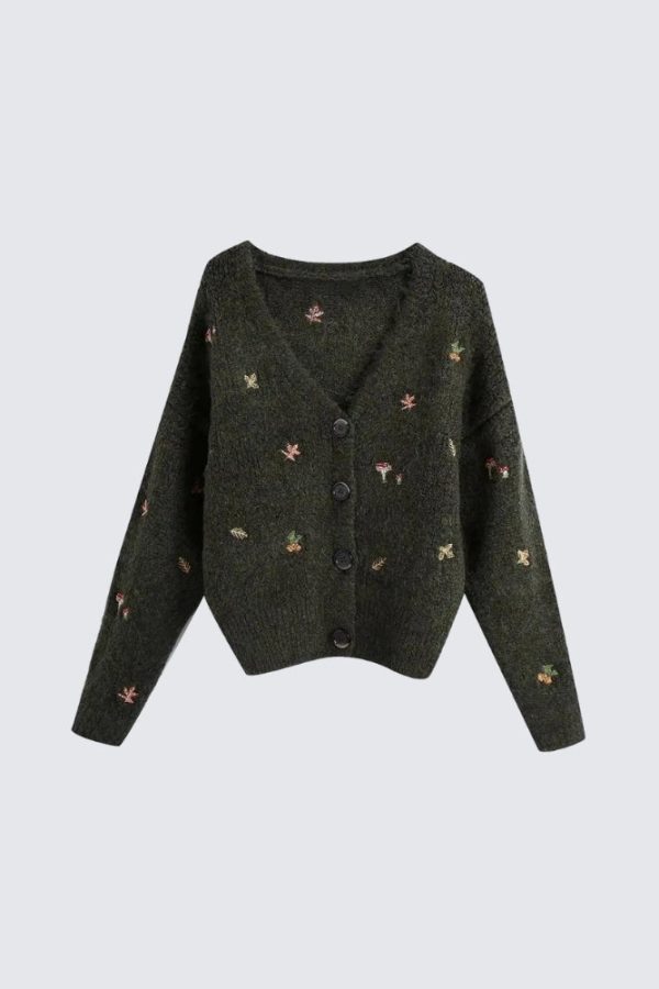 Goblincore Leaf Embroidery Cardigan