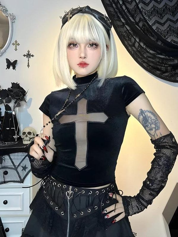 Goth Cross Cut Out Velvet Top