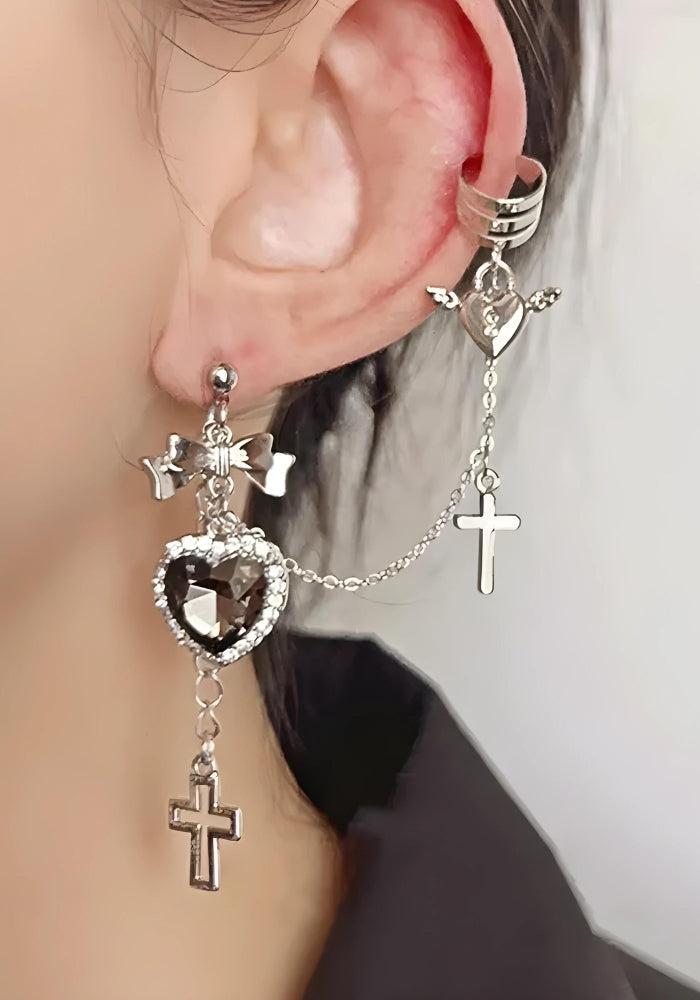 Goth Heart Cross Chain Earrings Goth Heart Cross Chain Earrings