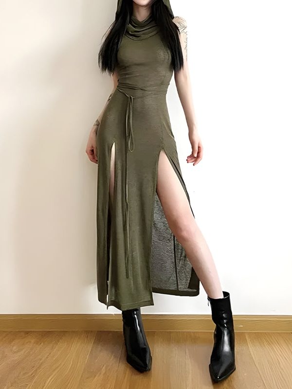 Goth Hooded Cut Out Back Midi Dress