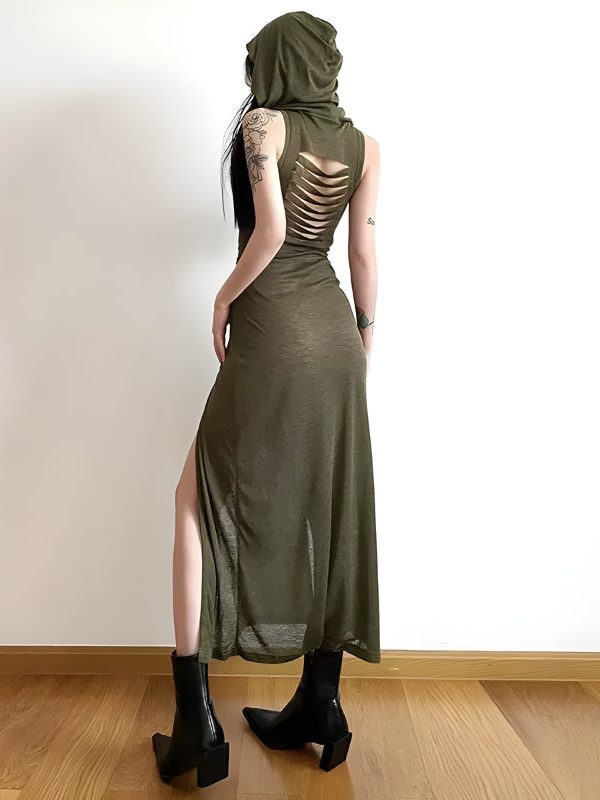 Goth Hooded Cut Out Back Midi Dress