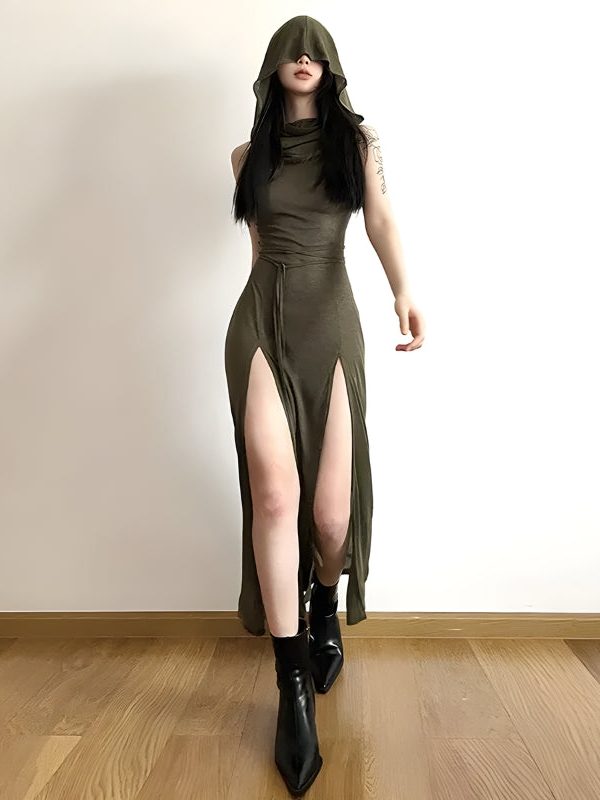 Goth Hooded Cut Out Back Midi Dress