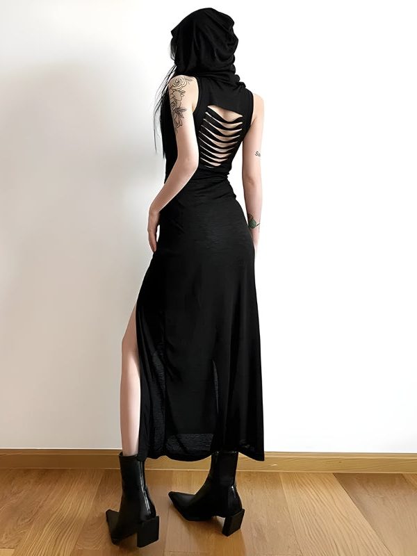 Goth Hooded Cut Out Back Midi Dress