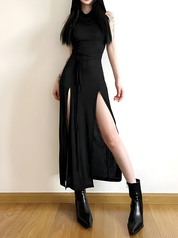 Goth Hooded Cut Out Back Midi Dress