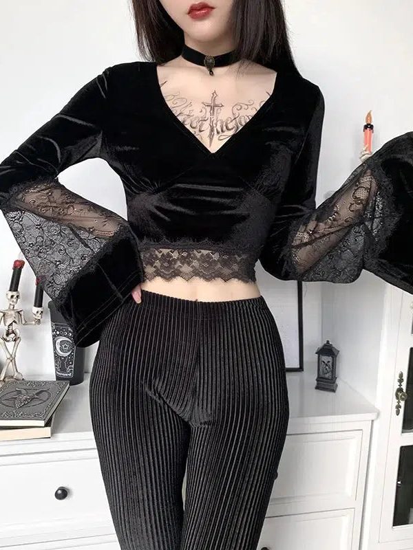Goth Lace Flare Cuffs Crop Top