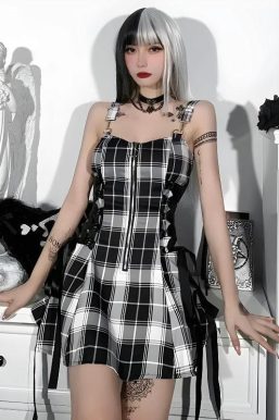 Goth Plaid Lace Up Mini Dress