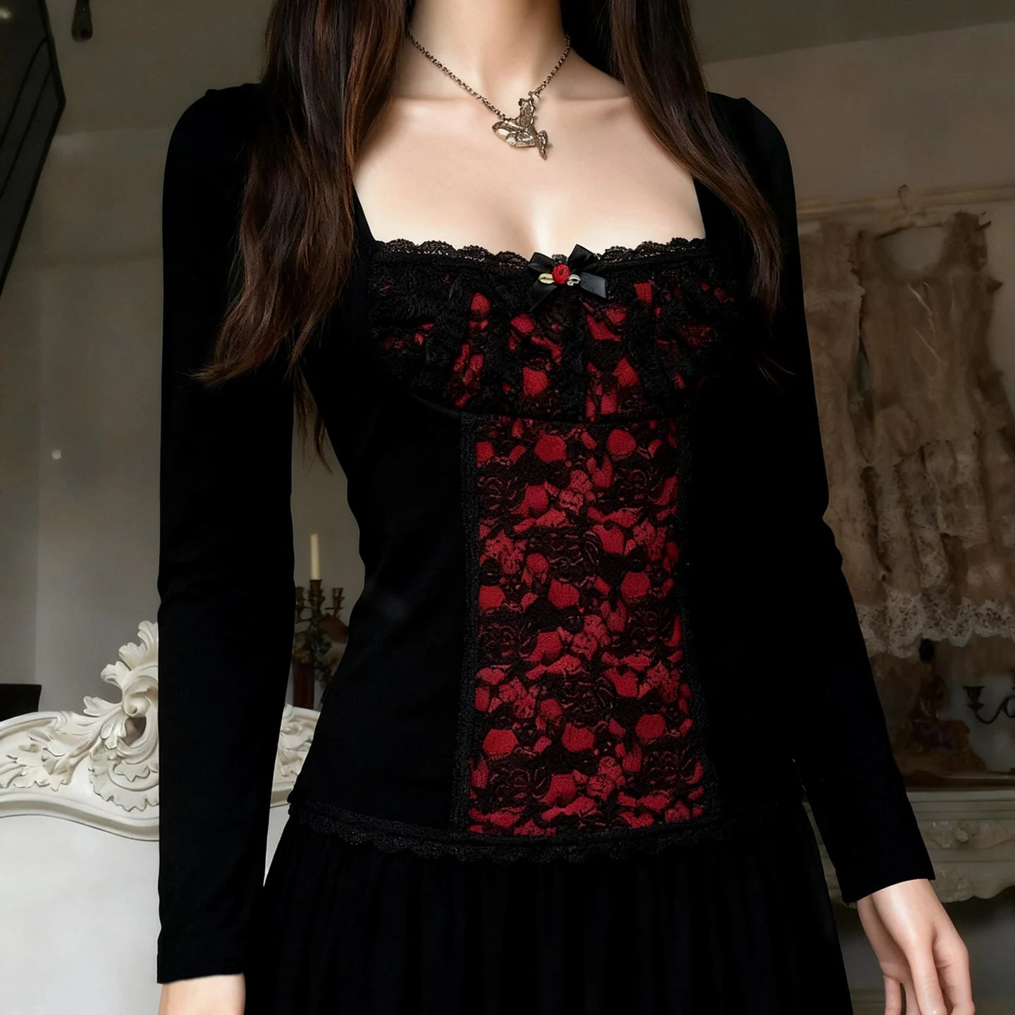 Goth Red Lace Panel Top
