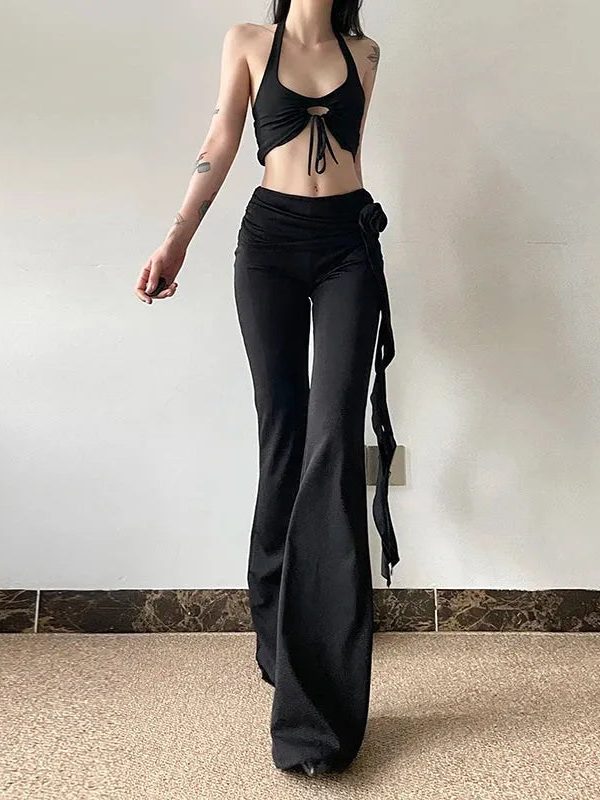 Goth Ruched Flower Flare Pants