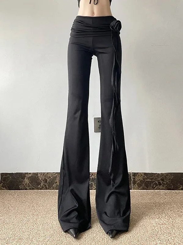 Goth Ruched Flower Flare Pants