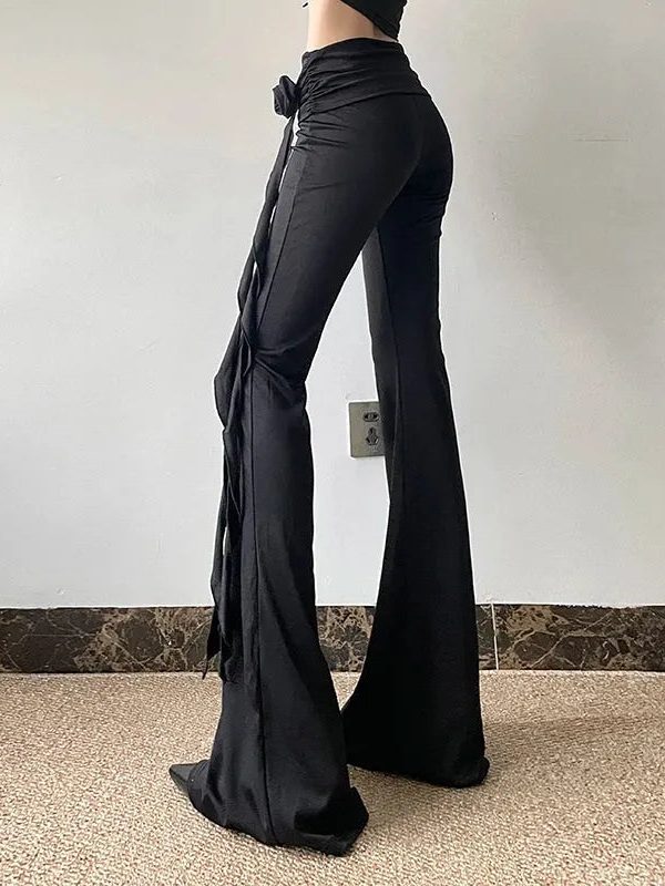 Goth Ruched Flower Flare Pants