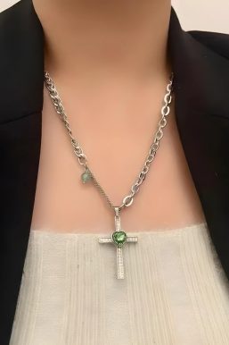 Goth Shiny Heart Cross Necklace