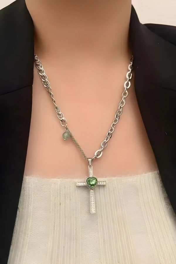 Goth Shiny Heart Cross Necklace