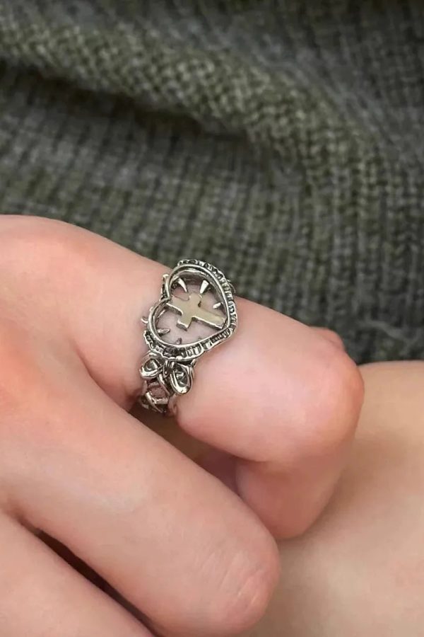 Goth Spiked Heart Cross Ring