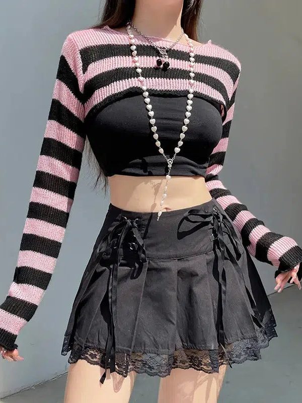Goth Striped Knitted Shrug Sweater for Stylish Strip Club Outfits