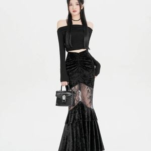 Goth Velvet Lace Maxi Skirt