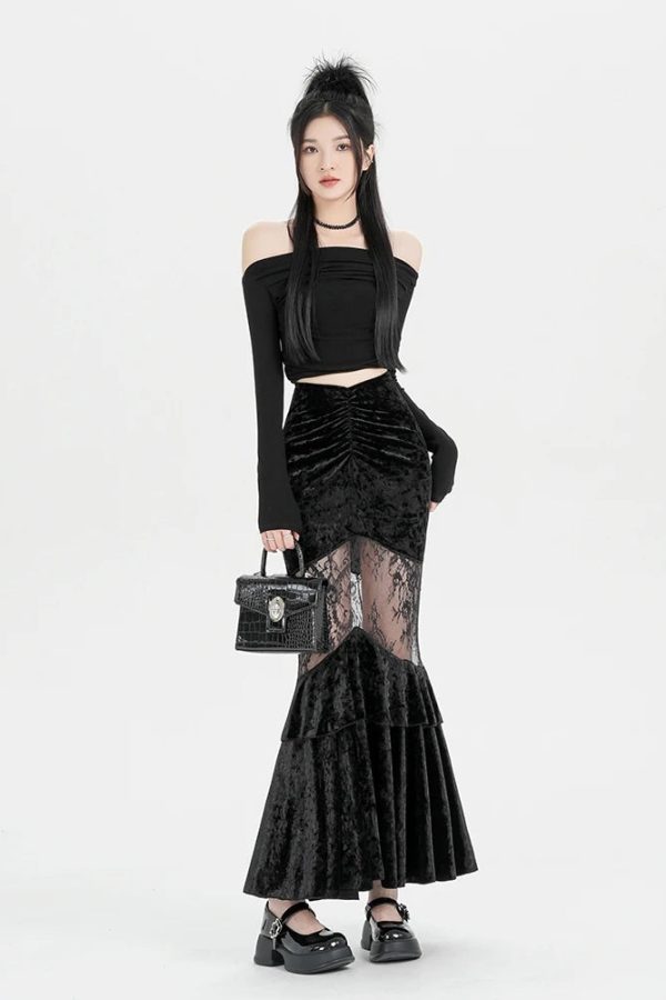Goth Velvet Lace Maxi Skirt